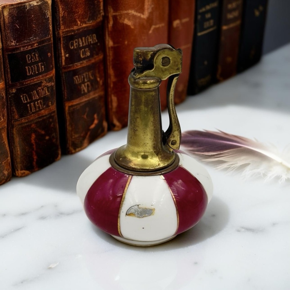 Vintage Hand Painted Burgundy & White Bone China Brass Table Lighter Bottle